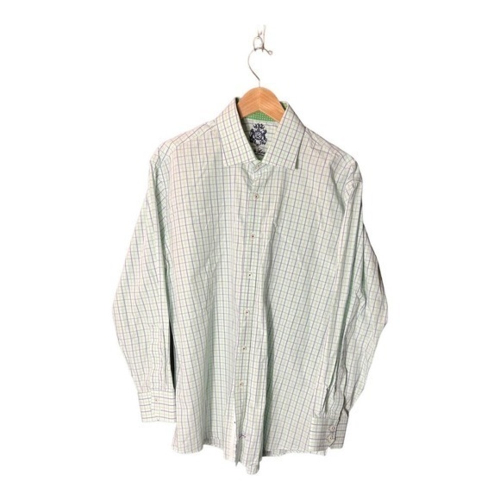 English Laundry Men's Shirt Size 17 1/2 34/35 Plaid Long Sleeve Green White Blue